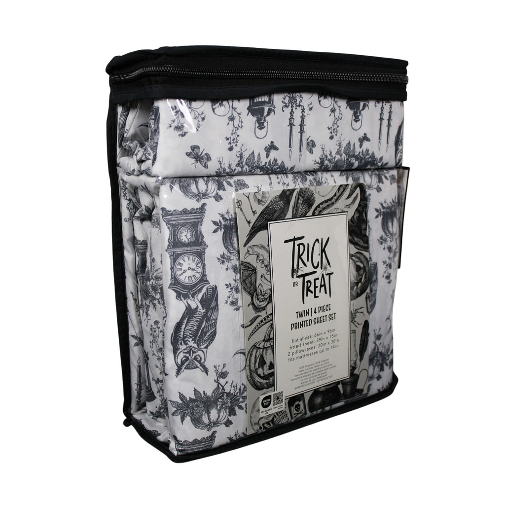 Halloween TWIN 4pc Sheets Set White Black Skulls Pumpkin Crow Owl Clock Poison