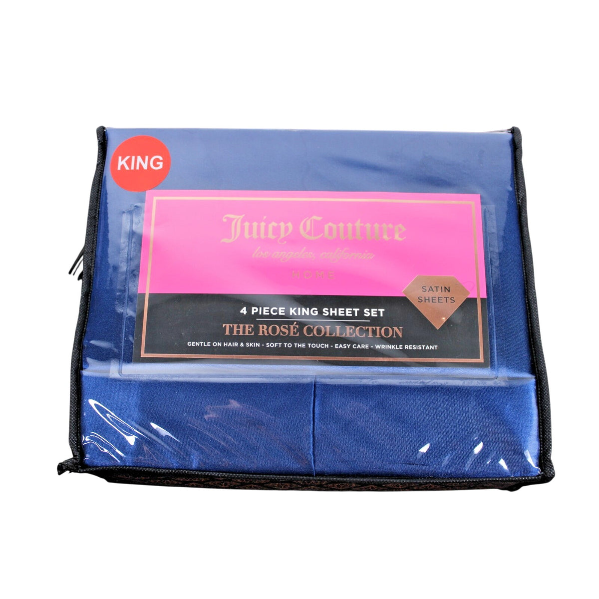 Juicy Couture Royal Blue Satin 4pc KING Sheet Set Easy Care Soft Sleek Smooth