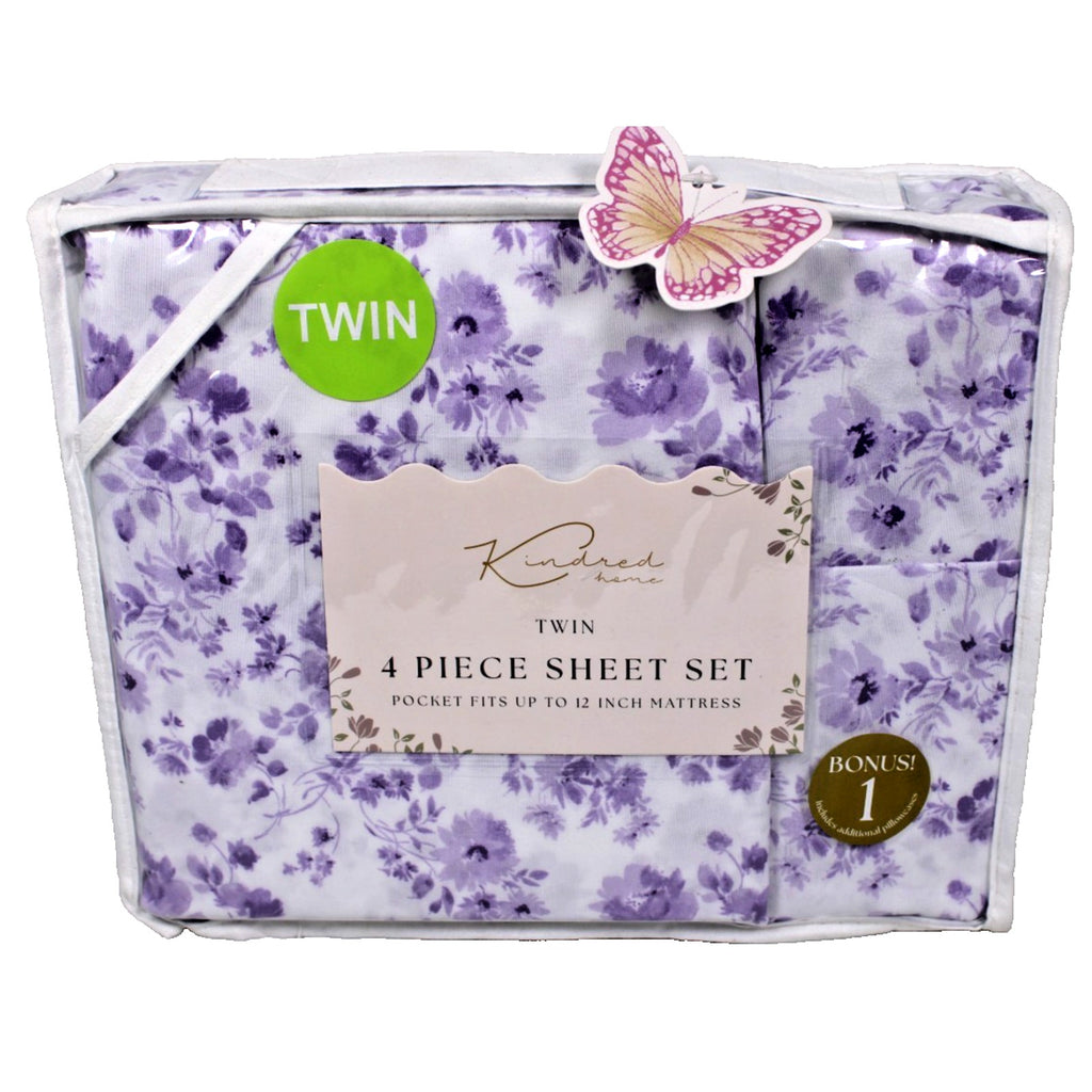 KINDRED HOME 4 PIECE Purple Floral DESIGN TWIN SHEET SET 1 EX PILLOWCASE