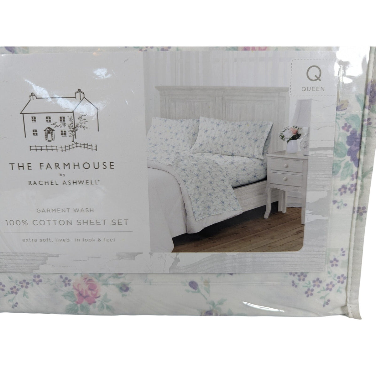 The Farmhouse Rachel Ashwell Purple, Pink, Green Floral Queen Sheet Set, NEW