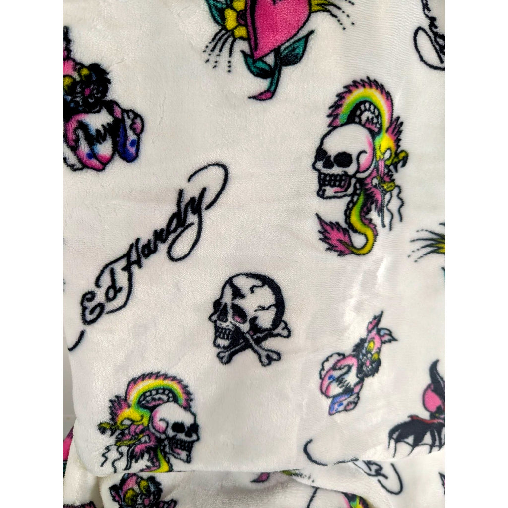 Ed Hardy Twin Plush Blanket Skull Heart Tattoo White 60x90