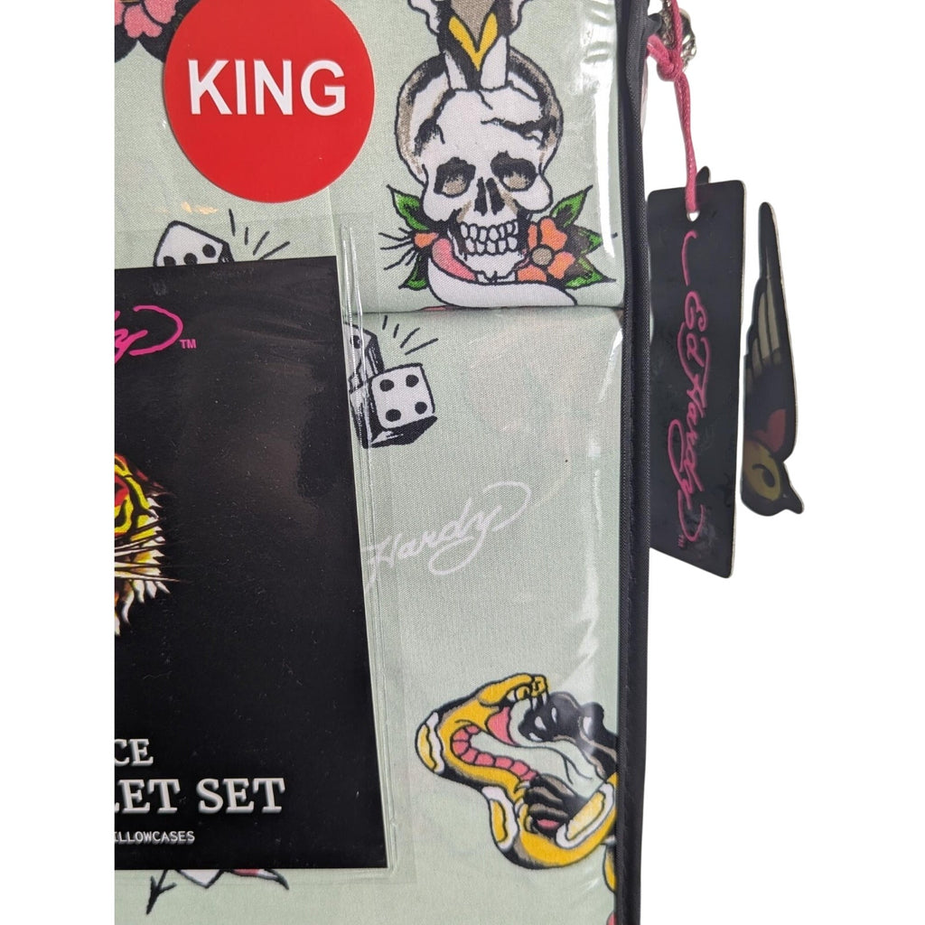 Ed Hardy 6-pc King Sheet Set w/4 Pillowcases, Skulls, Snake, Bird, Tiger- Green