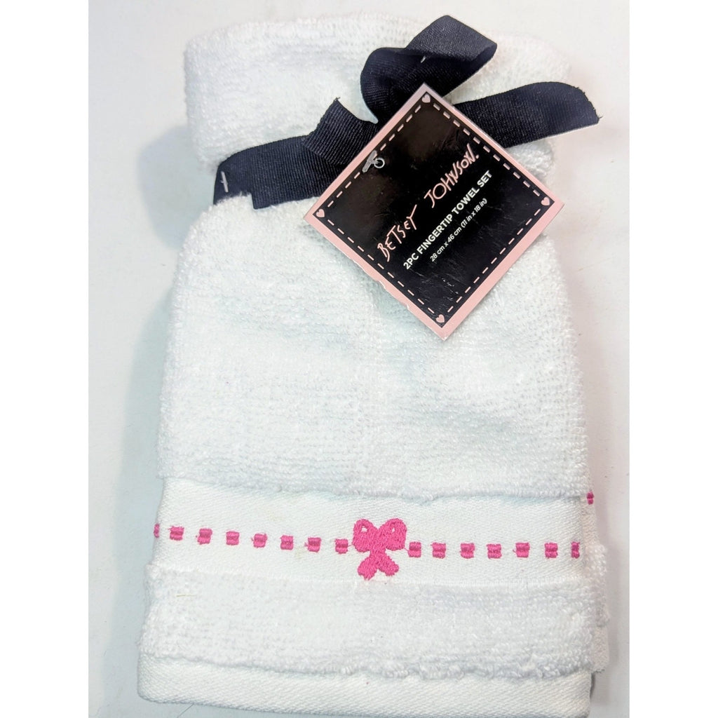 Betsey Johnson 2 Pk Fingertip Towels 11"x18" Pink Bows on White 100% Cotton