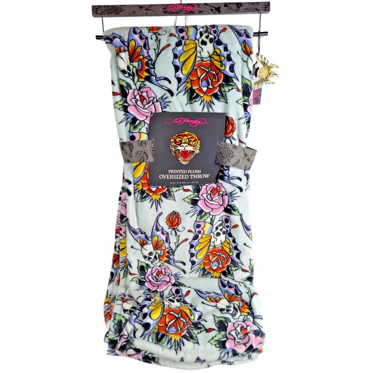 Ed Hardy Plush Oversized Throw Blanket Light Blue w/Skull Butterflies & Flowers