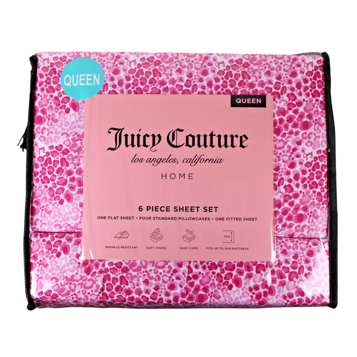 Juicy Couture Queen 6 pc Bed Sheet Set Pink Leopard Print