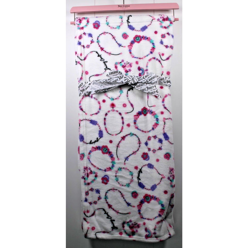 Juicy Couture Plush Throw Blanket 50"x60” Bracelet Juicy Print Pink White Soft