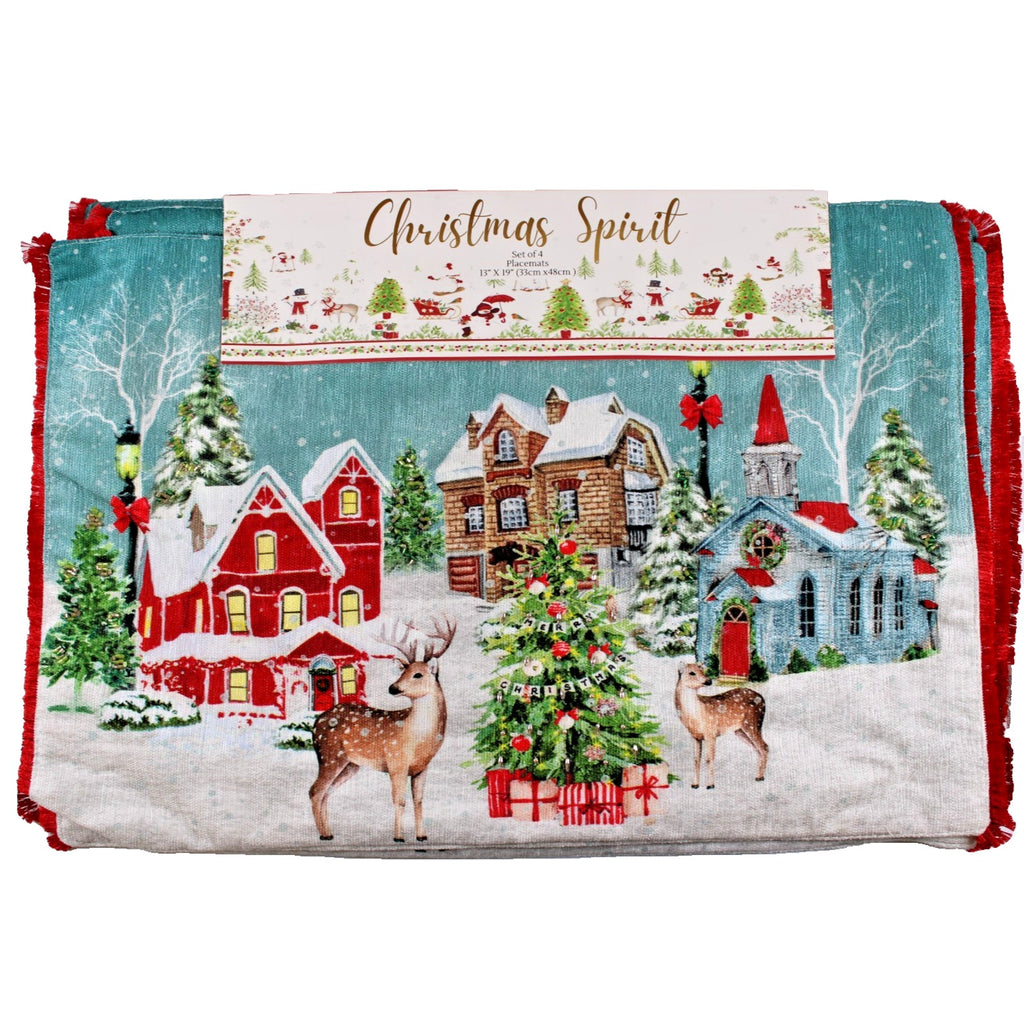 Set of 4 Christmas Tree Winter Deer Reindeer Snow Placemats 13x19 Handcrafted
