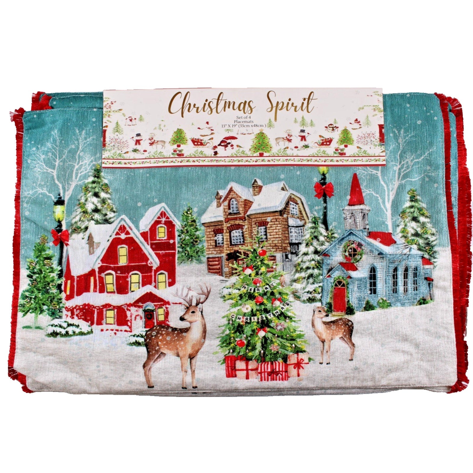Set of 4 Christmas Tree Winter Deer Reindeer Snow Placemats 13x19 Handcrafted