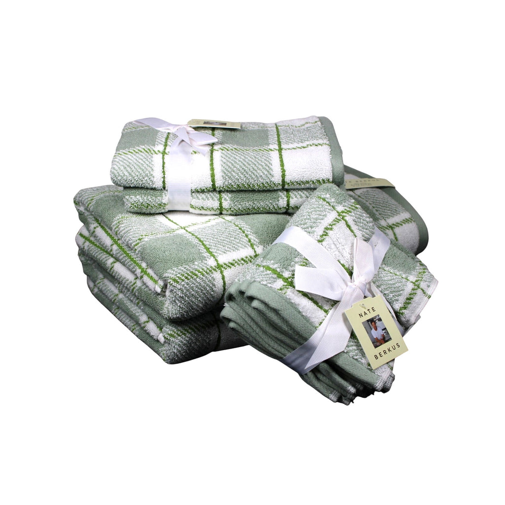 NATE BERKUS 8pc Bath Towel Set Green Plaid 100% Cotton Bath, Hand & Washcloths