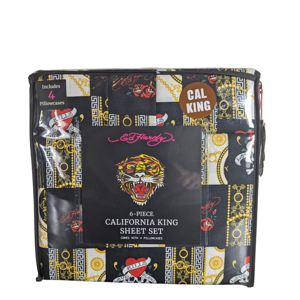 Ed Hardy Black 6 pc Cal King Sheet Set Hearts, Skulls, Roses, w/4 Pillowcases