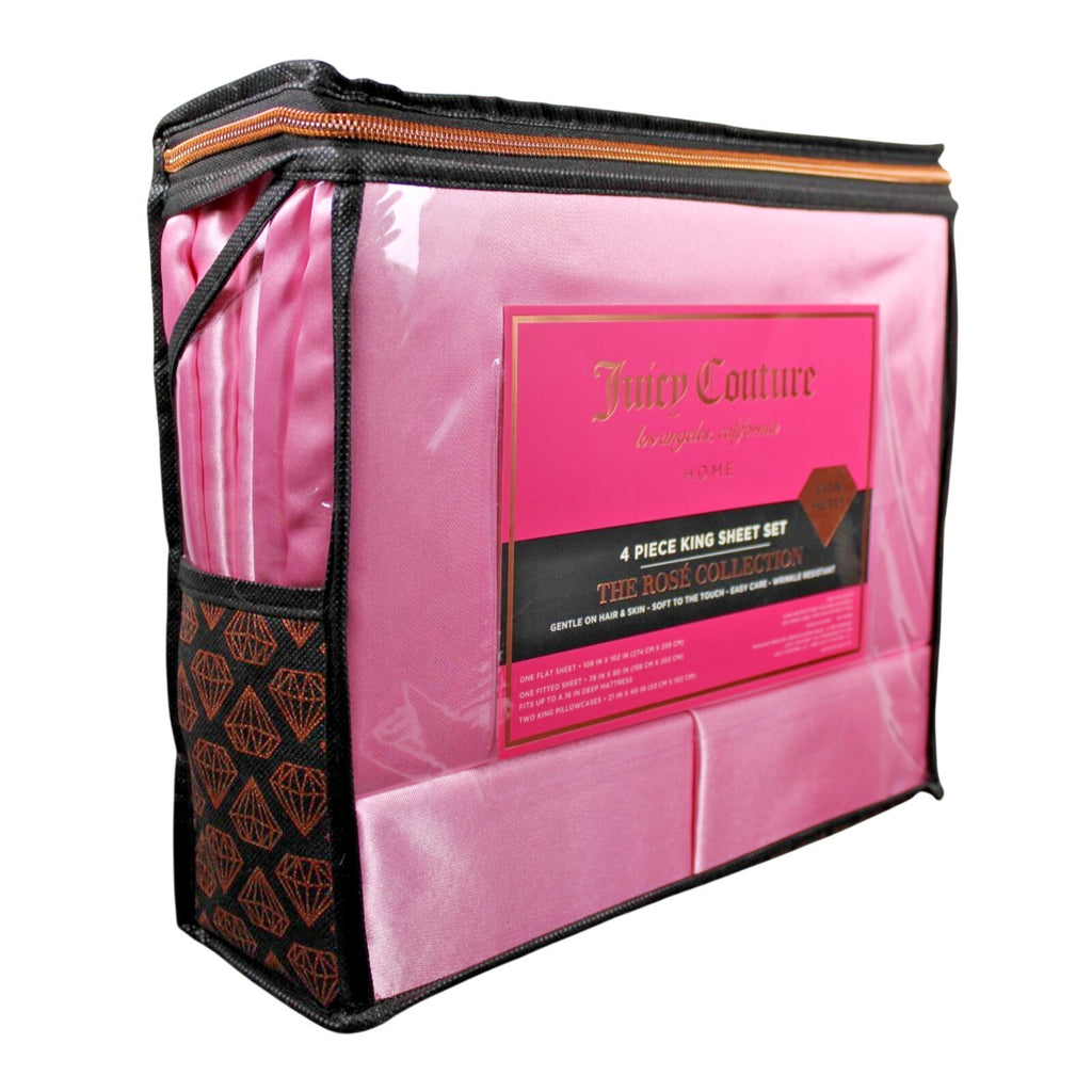Juicy Couture Juicy Pink Satin 4pc KING Sheet Set Easy Care Soft Sleek Smooth