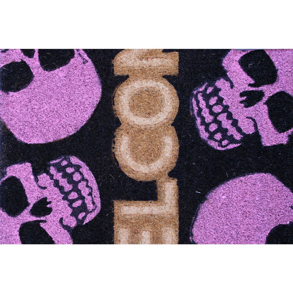 Spooky Hallow - WELCOME Coir Doormat 18x28 Pink Skulls, Black Mat Non-Slip