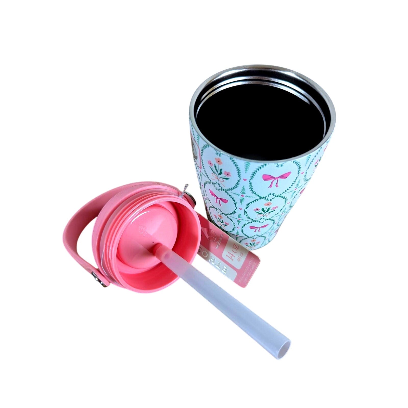 Wellness Tumbler Stainless Steel Double Wall-14 oz-BPA Free-Pink- Bows- Flowers