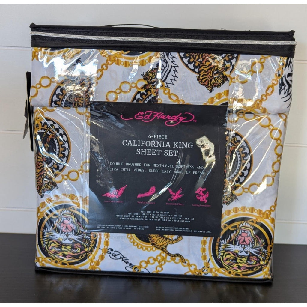 Ed Hardy White 6 pc Cal King Sheet Set Tigers Print w/4 Pillowcases