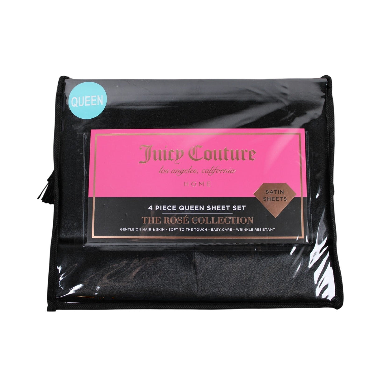 Juicy Couture Black Satin 4pc QUEEN Sheet Set Easy Care Soft Sleek Smooth