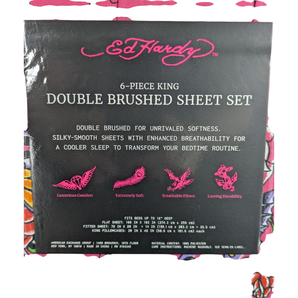 Ed Hardy 6 pc King Sheet Set Skulls Roses Tattoo Print w/4 Pillowcases