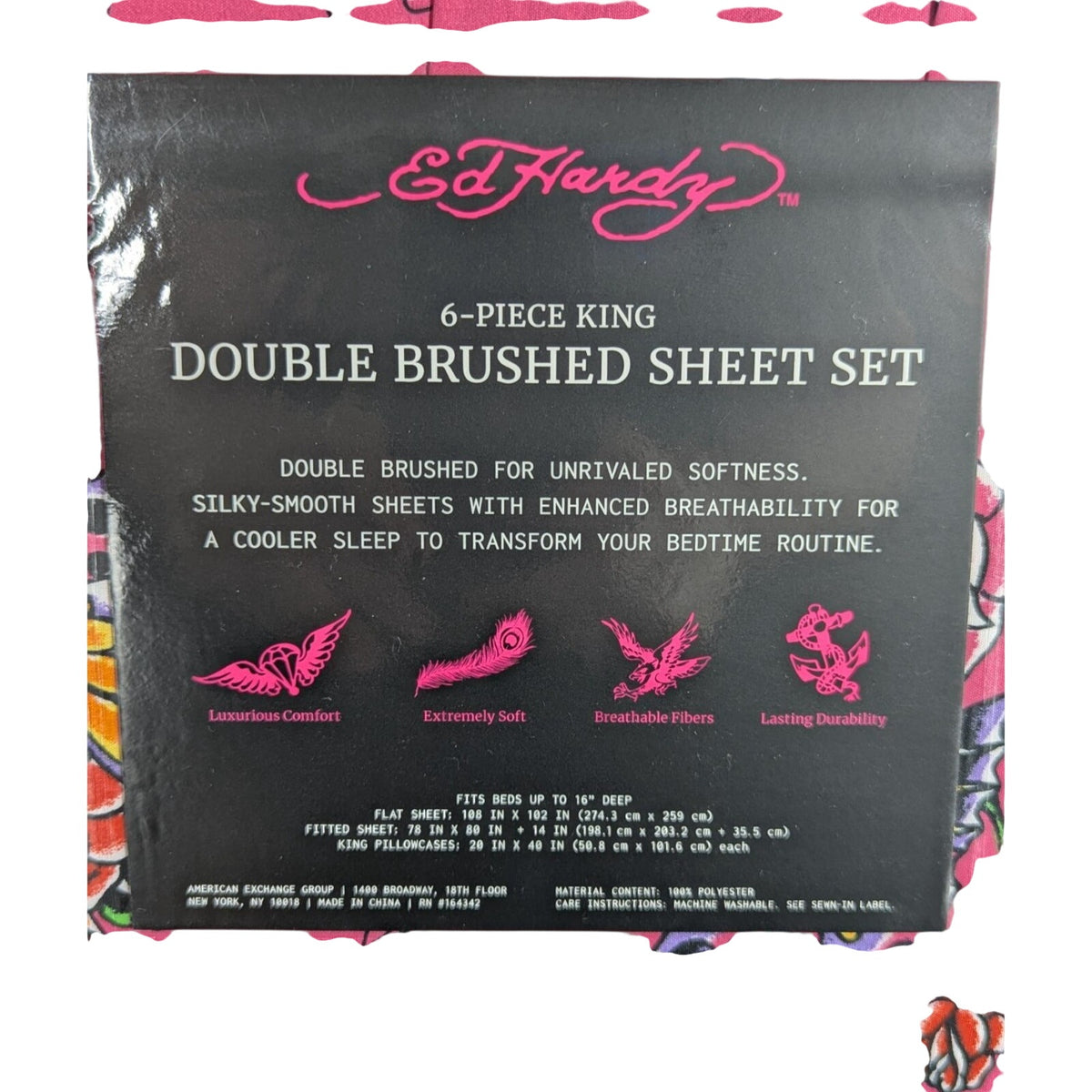 Ed Hardy 6 pc King Sheet Set Skulls Roses Tattoo Print w/4 Pillowcases