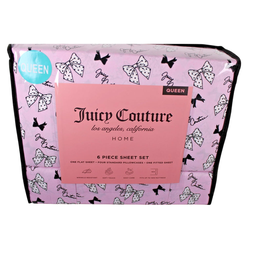 Juicy Couture Queen 6 pc Bed Sheet Set Pink & Black Polka Dot Bows