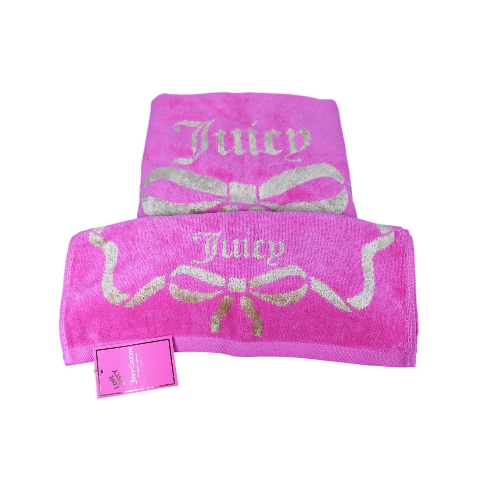 JUICY COUTURE 2psc. PINK FUCHSIA GOLD BOW TIE COTTON VISCOSE Soft 1 BATH 1 HAND TOWEL