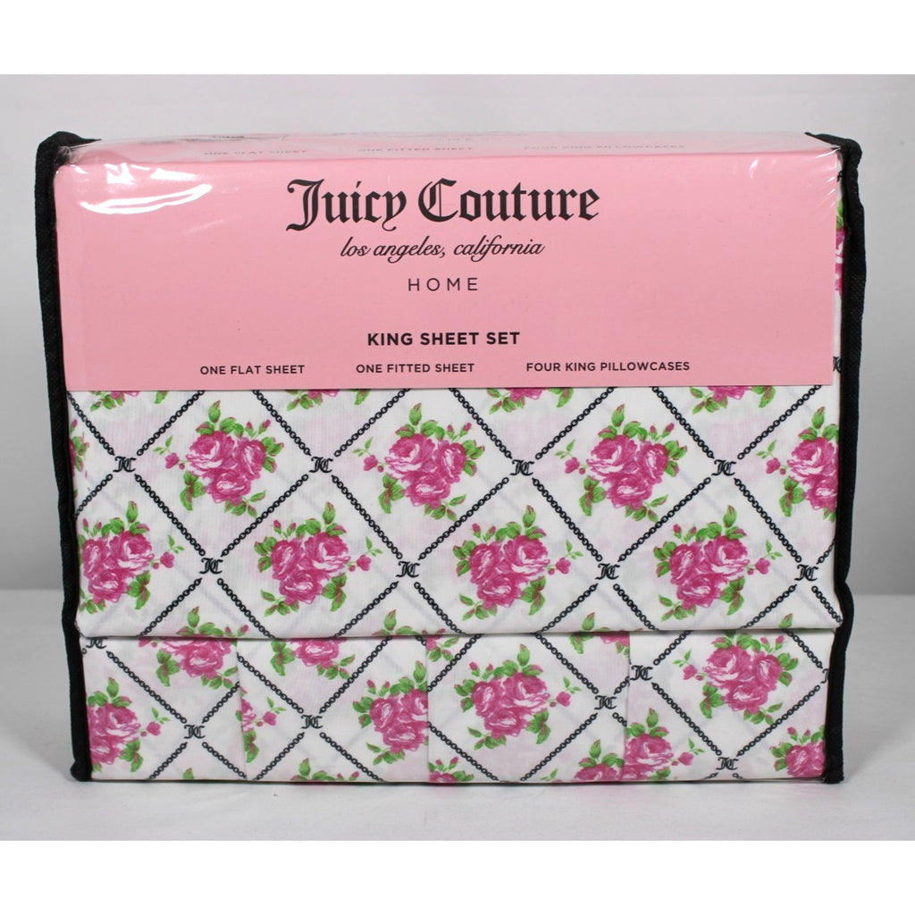 Juicy Couture King 6 Pc Sheet Set HOME, Chain Link Pattern Rose Print