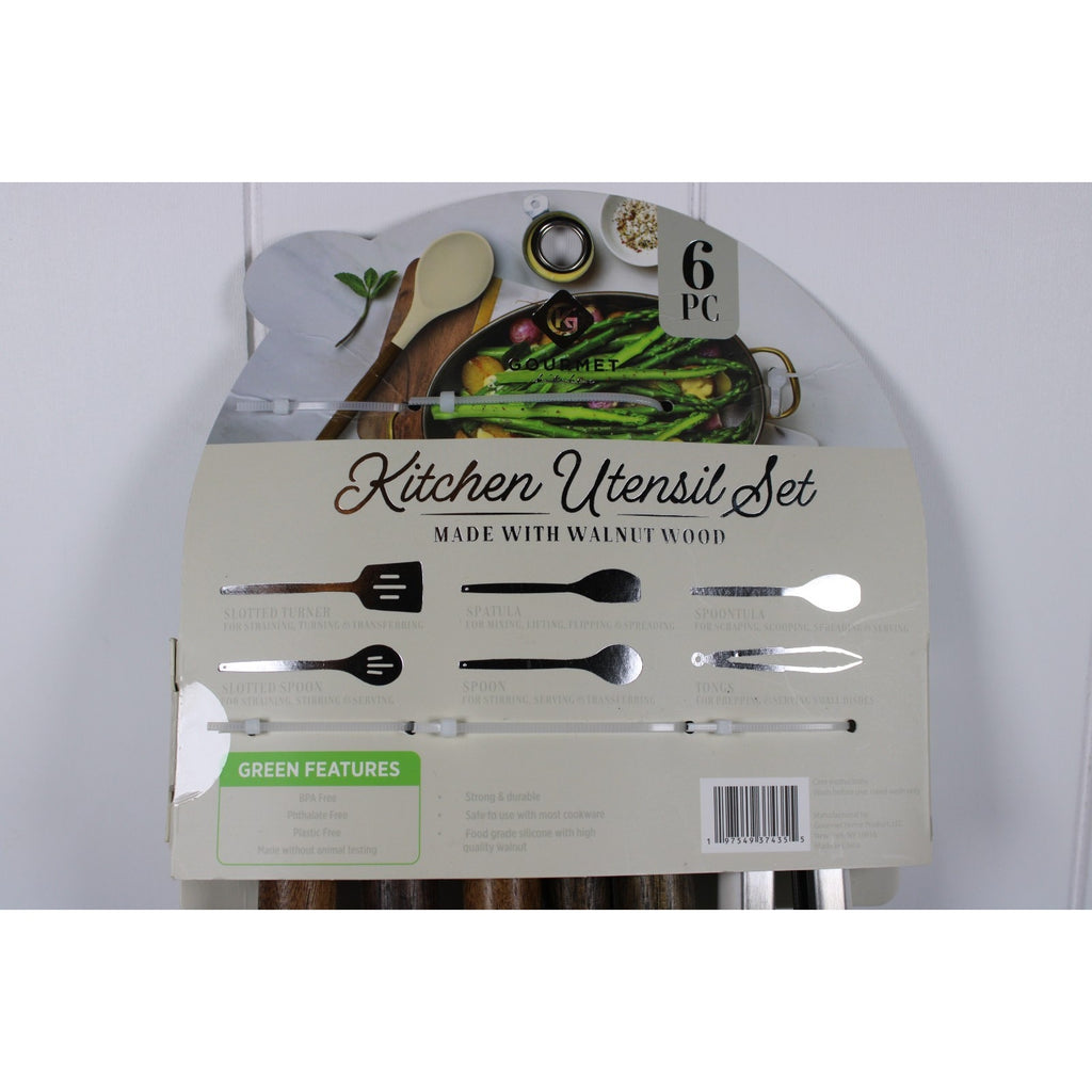 Kitchen Utensil Set of 6. Walnut handles Heat resistant Flexible silicone, Tongs