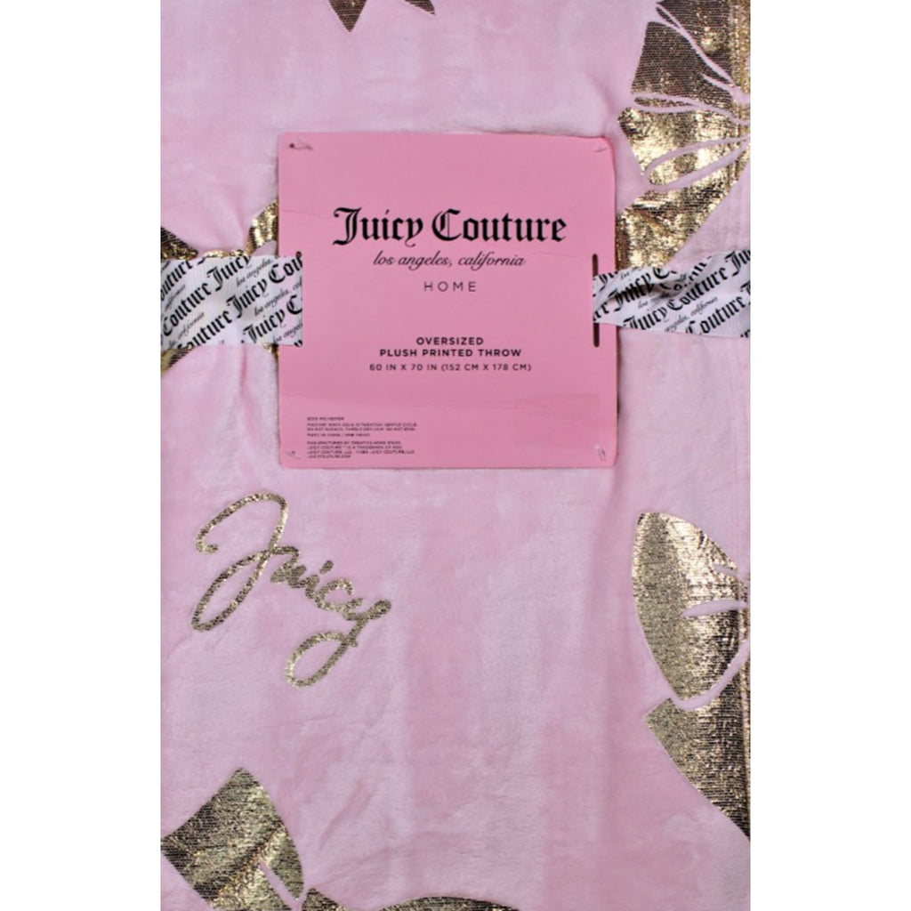 Juicy Couture Pink Plush Throw Blanket 60" X 70" Oversized, Gold Bows, Juicy