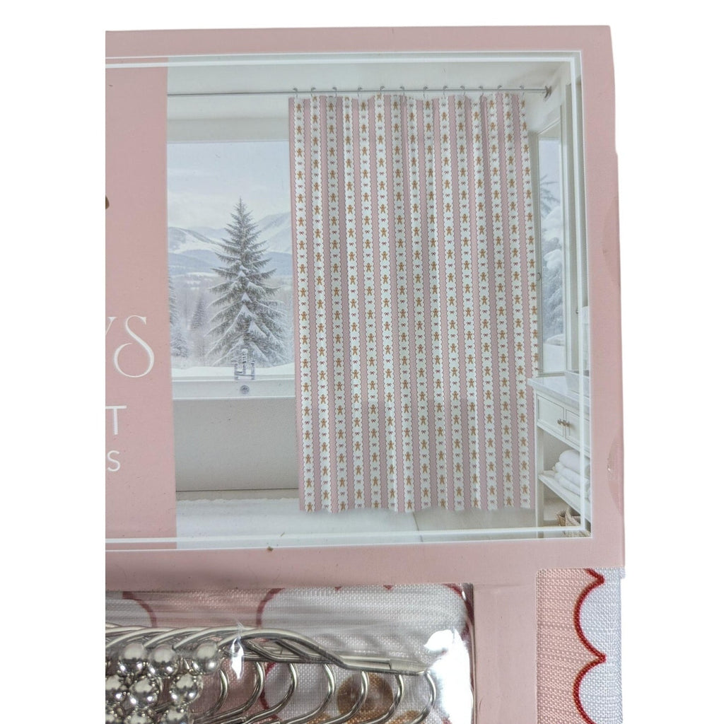 Holiday Shoppe Pink Gingerbread Man Shower Curtain 70x72 Christmas Bath + Hooks