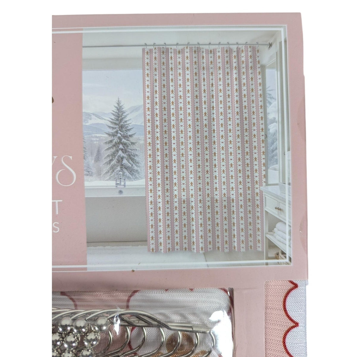 Holiday Shoppe Pink Gingerbread Man Shower Curtain 70x72 Christmas Bath + Hooks