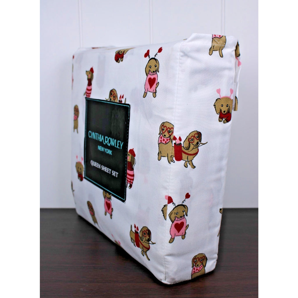 CYNTHIA ROWLEY Queen Sheet Set Weenie Dogs Valentines Hearts DACHSHUND