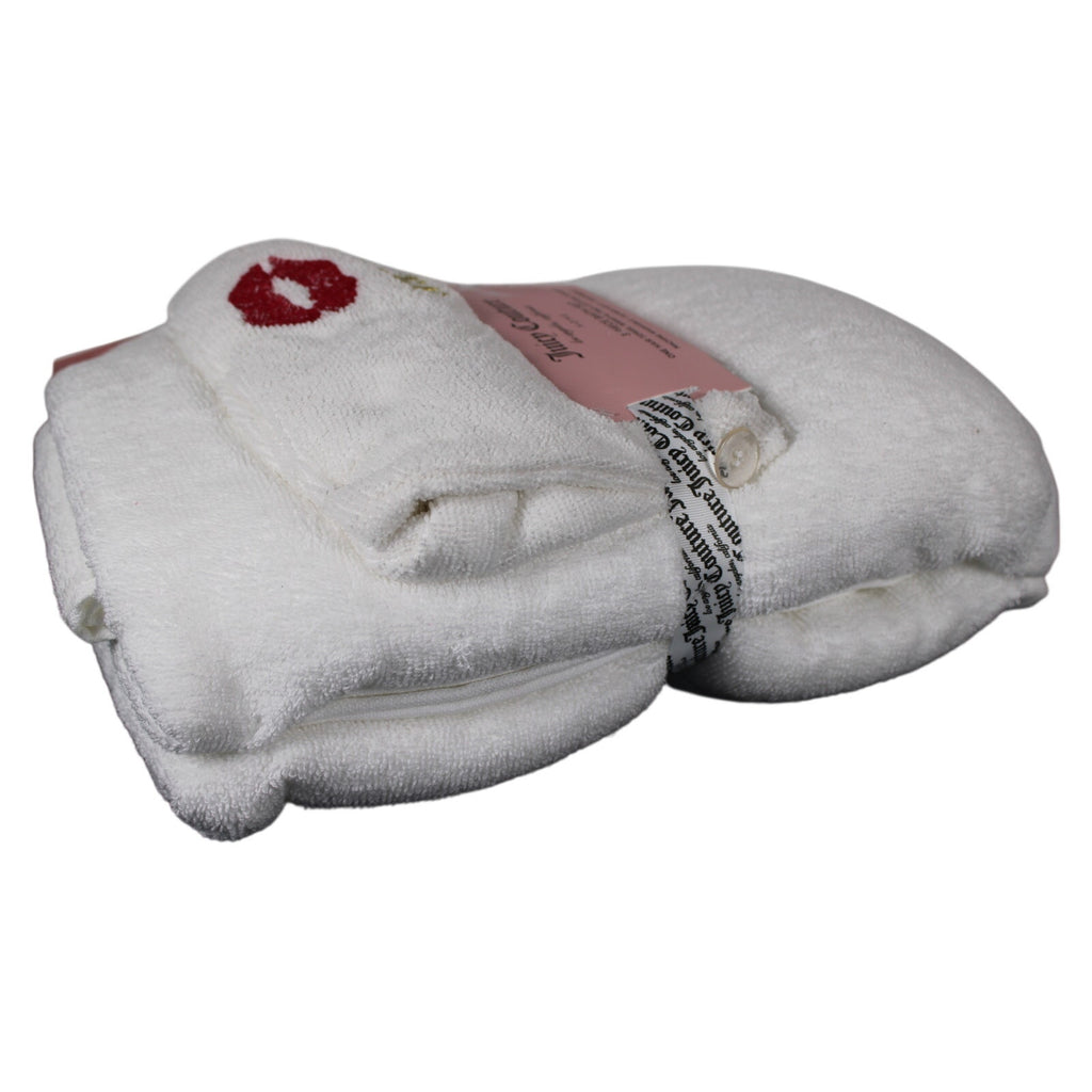 White Juicy Couture Lip Print 3-PC Bath Set Hair Wrap Towel Two Cotton Towels