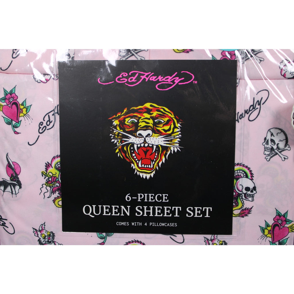 Ed Hardy with Skulls, Bats, Bunnies, Hearts, Flowers  6pc Queen Pink Sheet Set