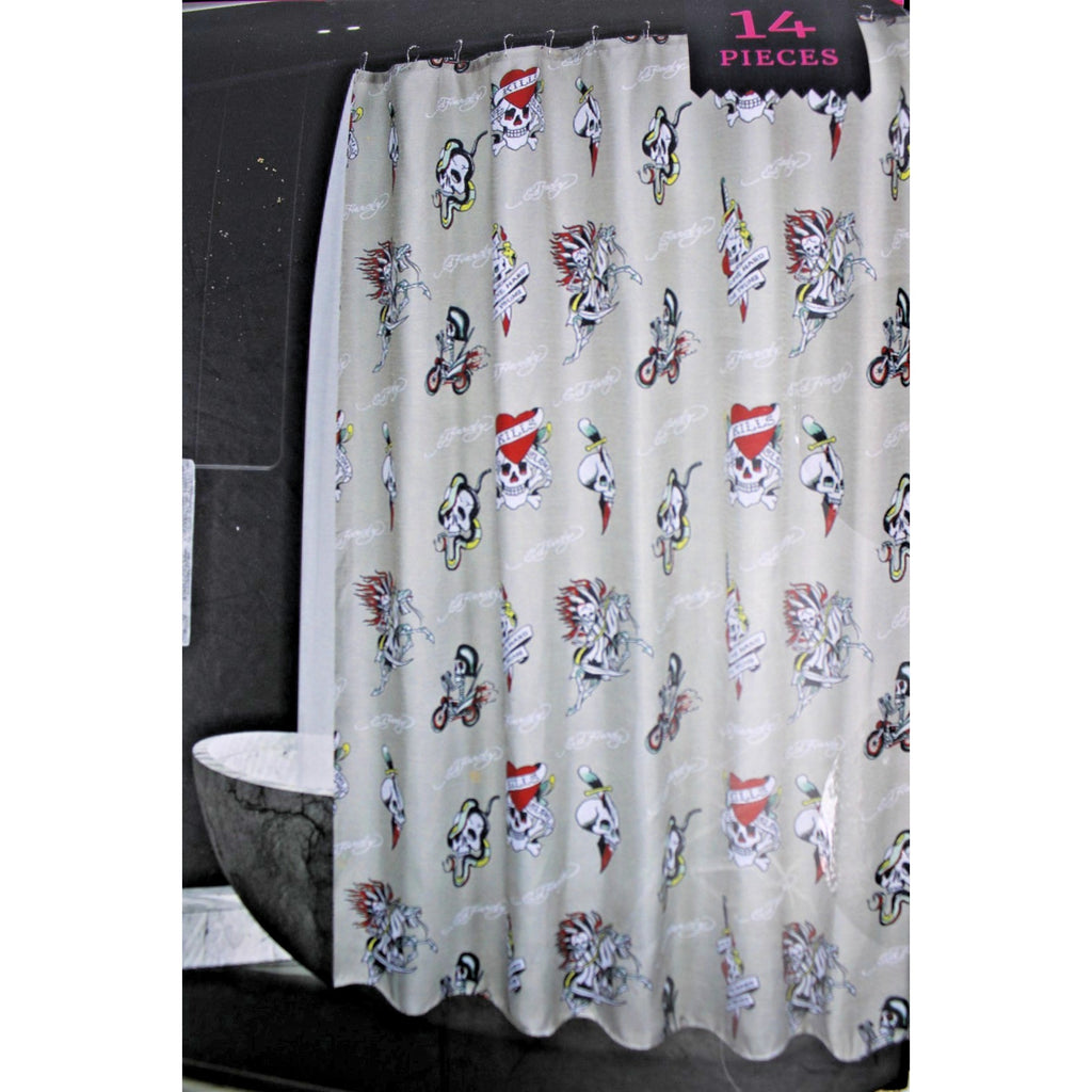 Ed Hardy 14 Piece Shower Curtain Set, Chopper Biker Skulls NWT