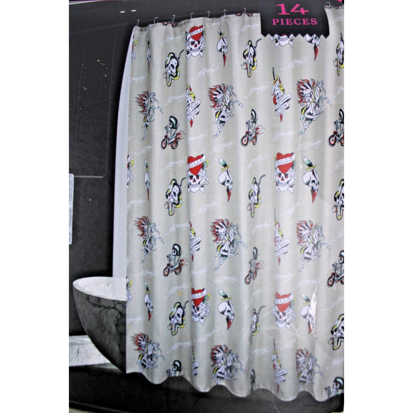 Ed Hardy 14 Piece Shower Curtain Set, Chopper Biker Skulls NWT