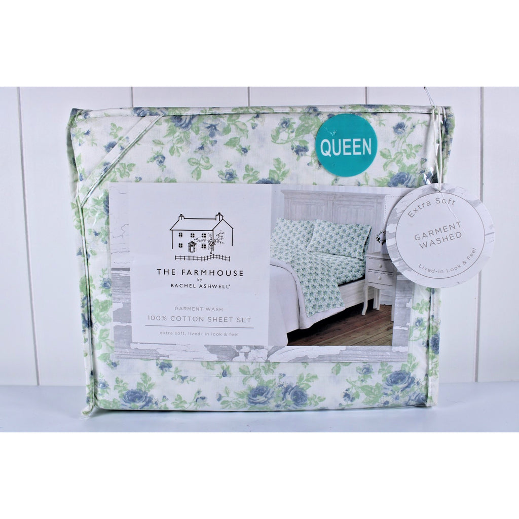 The Farmhouse Rachel Ashwell Blue Floral Queen Sheet Set Blue Green