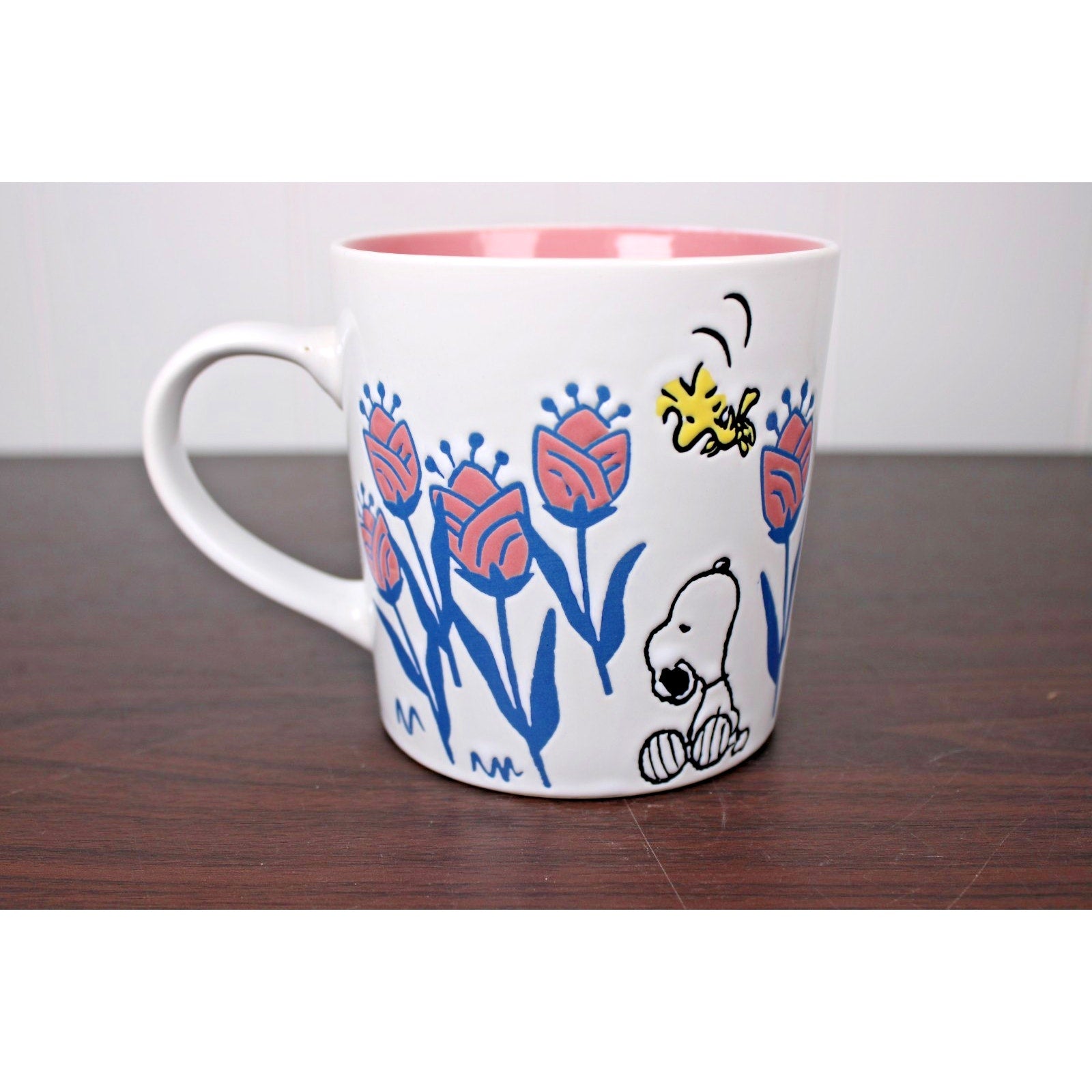 Peanuts Snoopy & Woodstock Floral White & Pink, 20 oz. Coffee Mug New