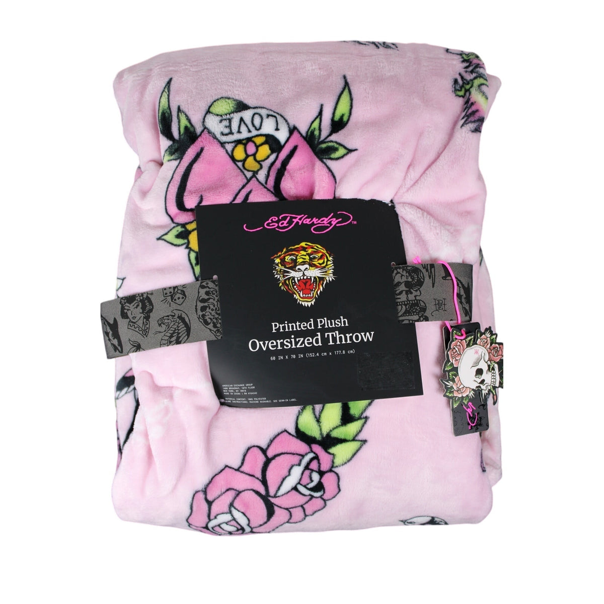 Ed Hardy Plush Throw Blanket ~ PINK Tattoos Hearts, Roses Polyester 60x70 New