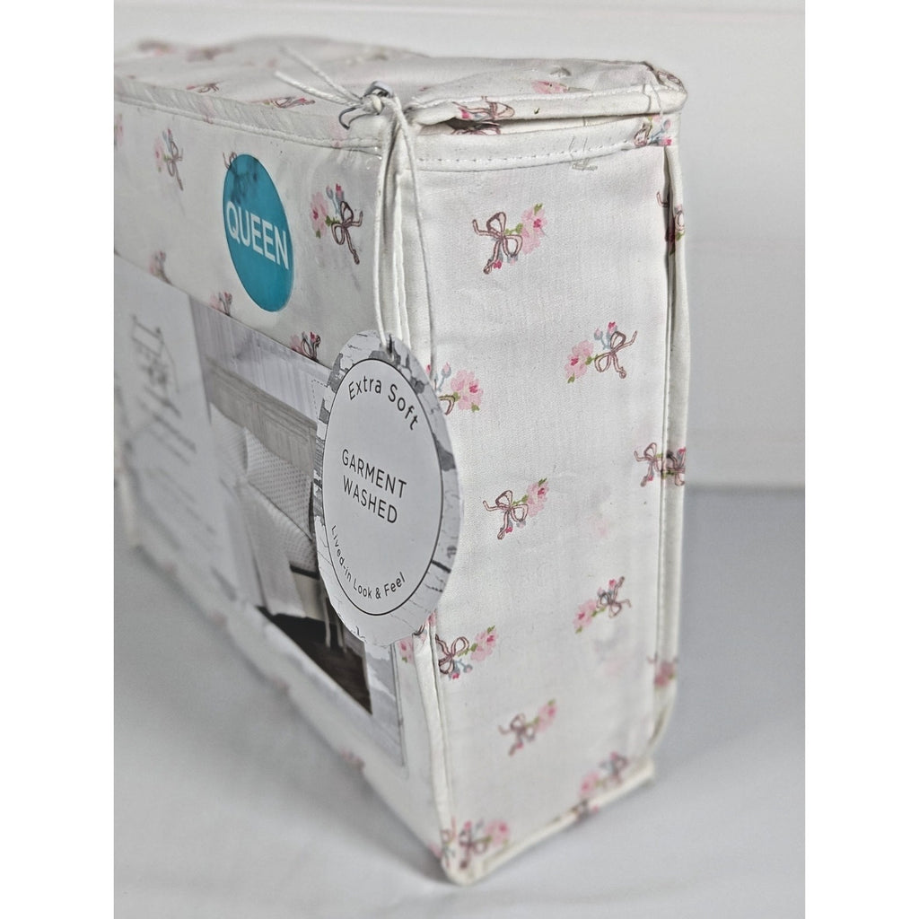 The Farmhouse Rachel Ashwell Pink Rose, Bows, Floral Queen Sheet Set, NEW