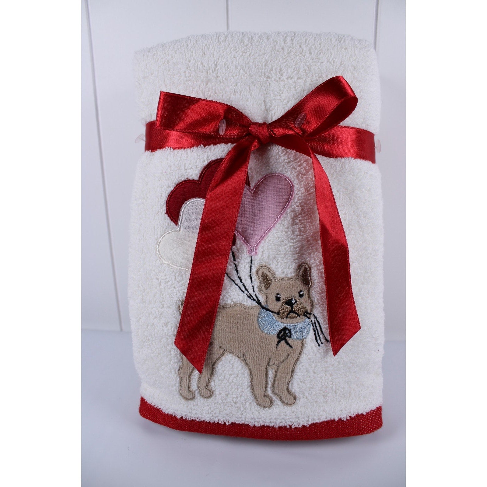 Set of 2 Hand Towels Bull Dog Valentine’s Day Love Heart Balloons Made in Turkey