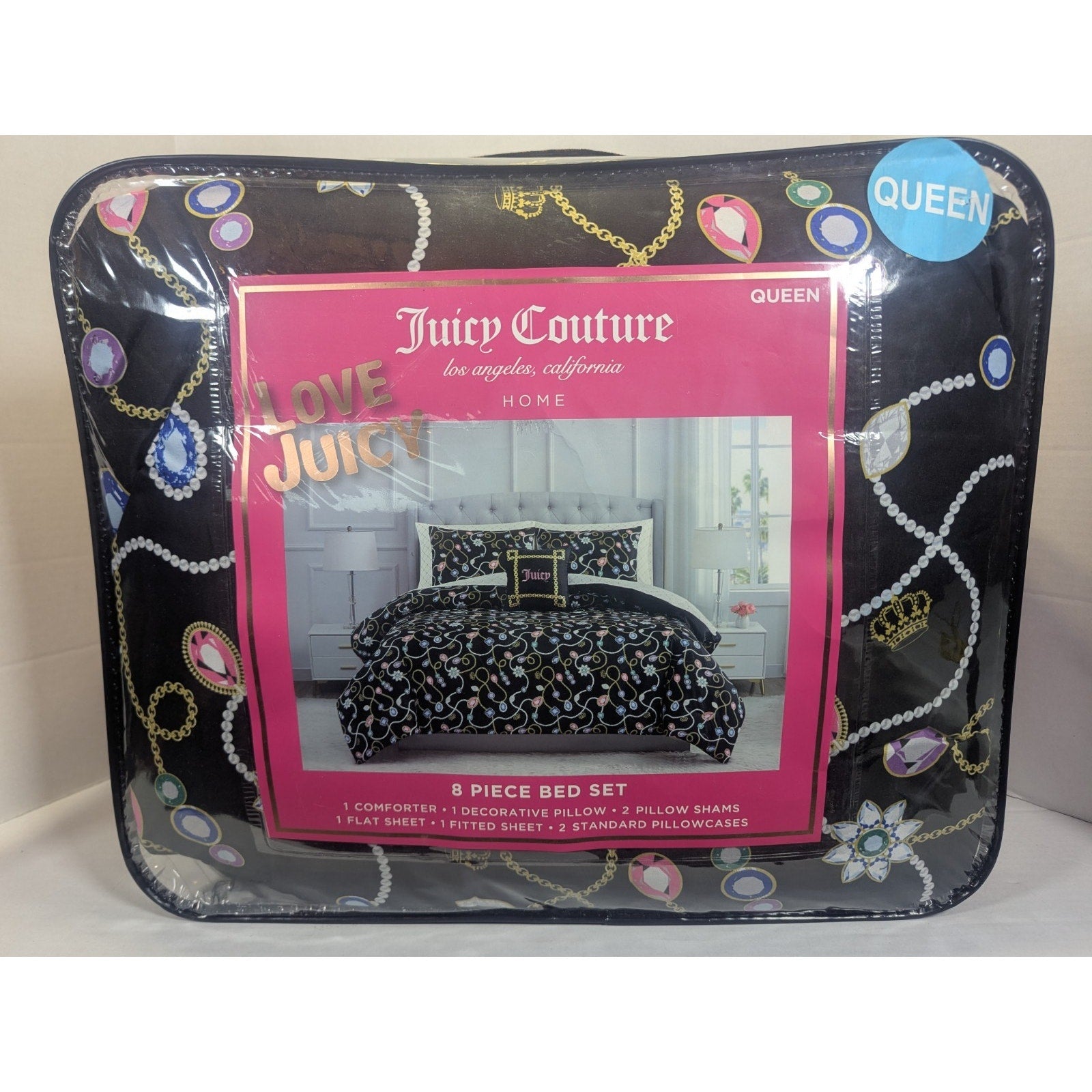 Juicy Couture Jewelery Gems Crowns QUEEN Bed Set Comforter, Shams, Sheets,Pillow