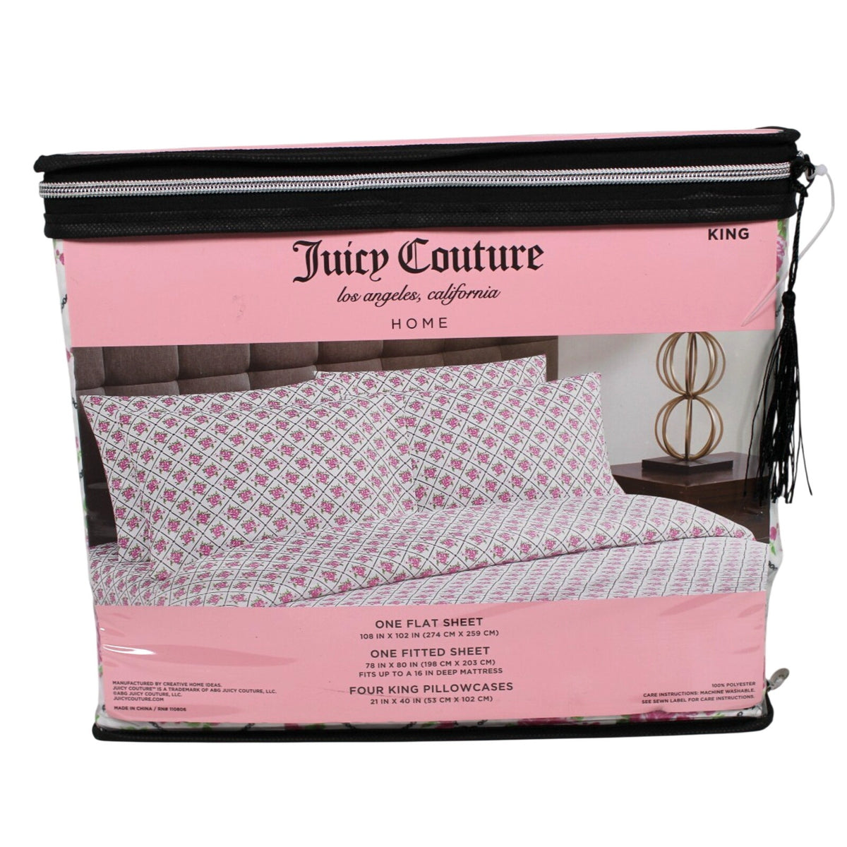 Juicy Couture King 6 Pc Sheet Set HOME, Chain Link Pattern Rose Print