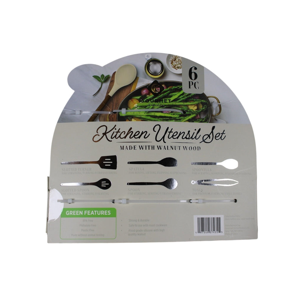 Kitchen Utensil Set of 6. Walnut handles Heat resistant Flexible silicone, Tongs