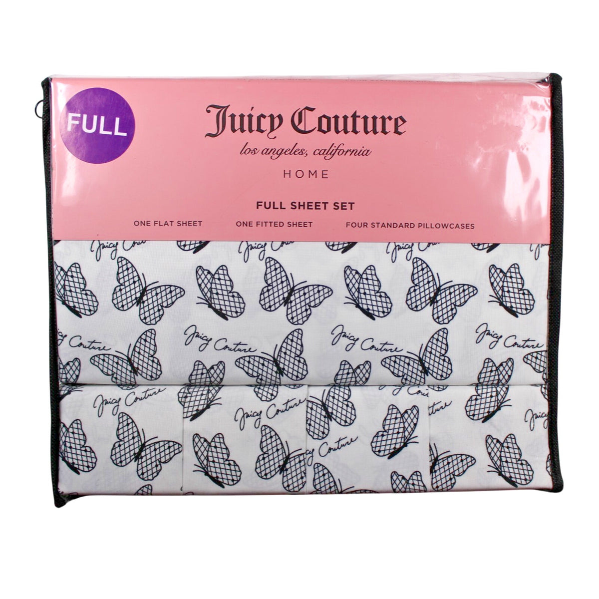 Juicy Couture FULL 6 pc Bed Sheet Set Black and White Checkered Butterflies