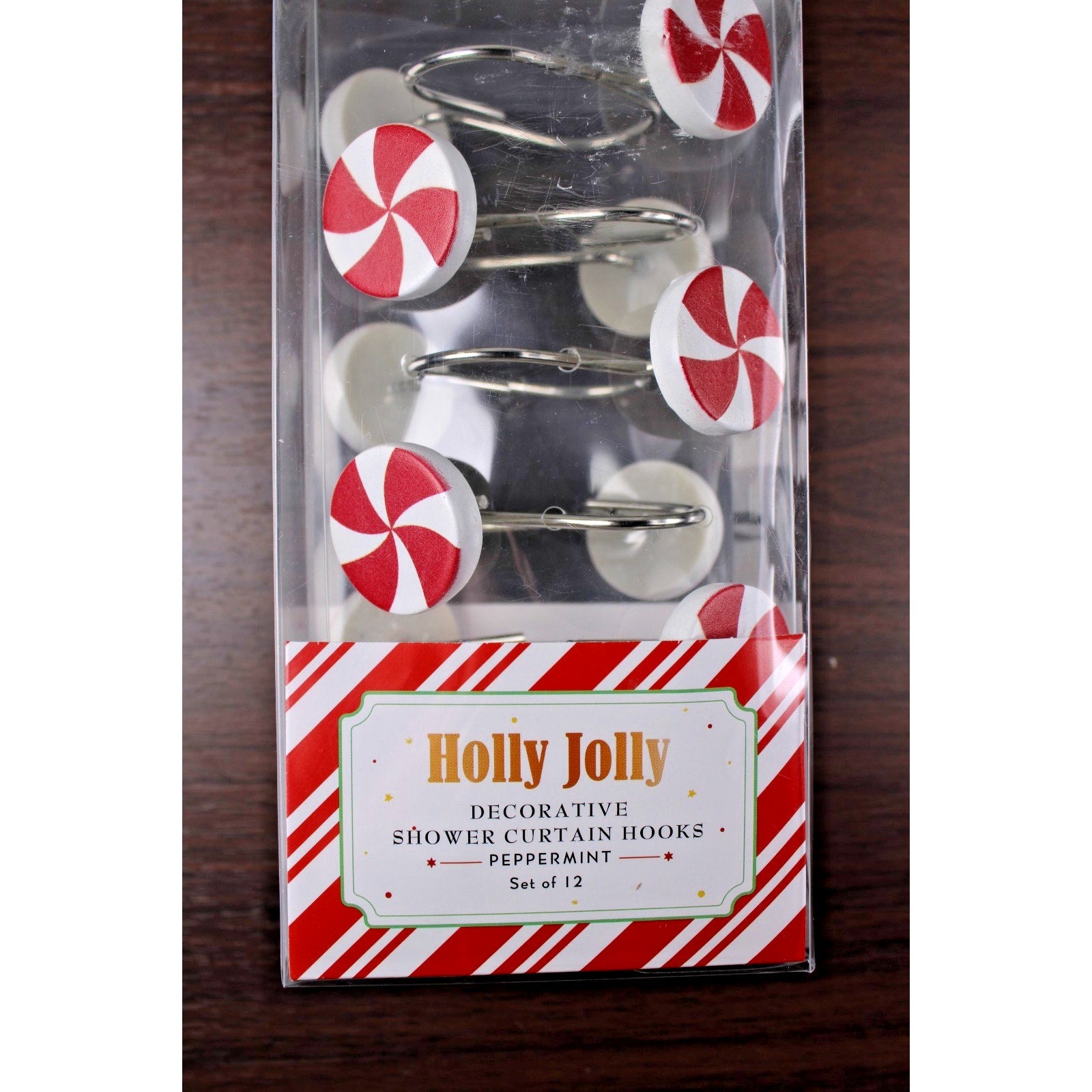 Set of 12 CHRISTMAS PEPPERMINT CANDY SHOWER CURTAIN HOOKS RINGS NIB