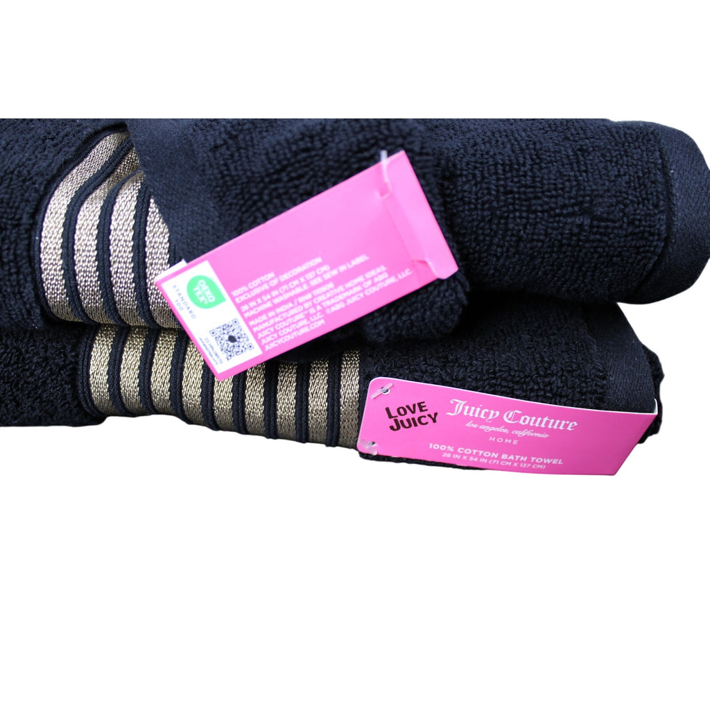 JUICY COUTURE 2psc Cotton Bath Towels, BLACK, Gold Stripes 100% Cotton 28"x54"