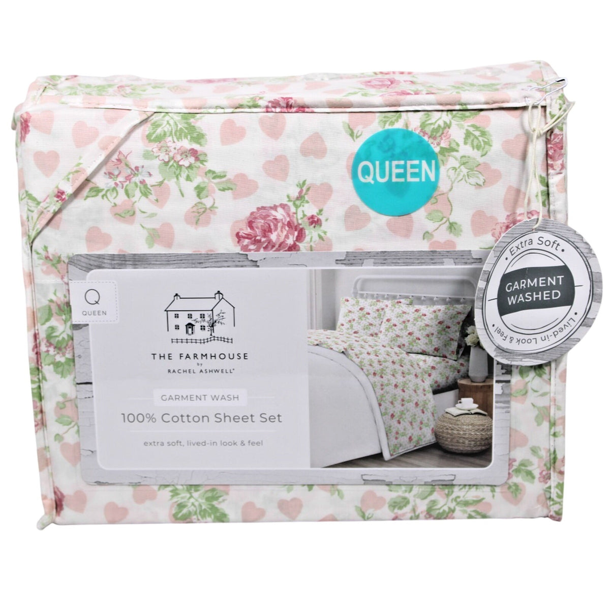 THE FARMHOUSE Rachel Ashwell 4 Pcs. White/Pink Queen Sheet Set Roses & Hearts