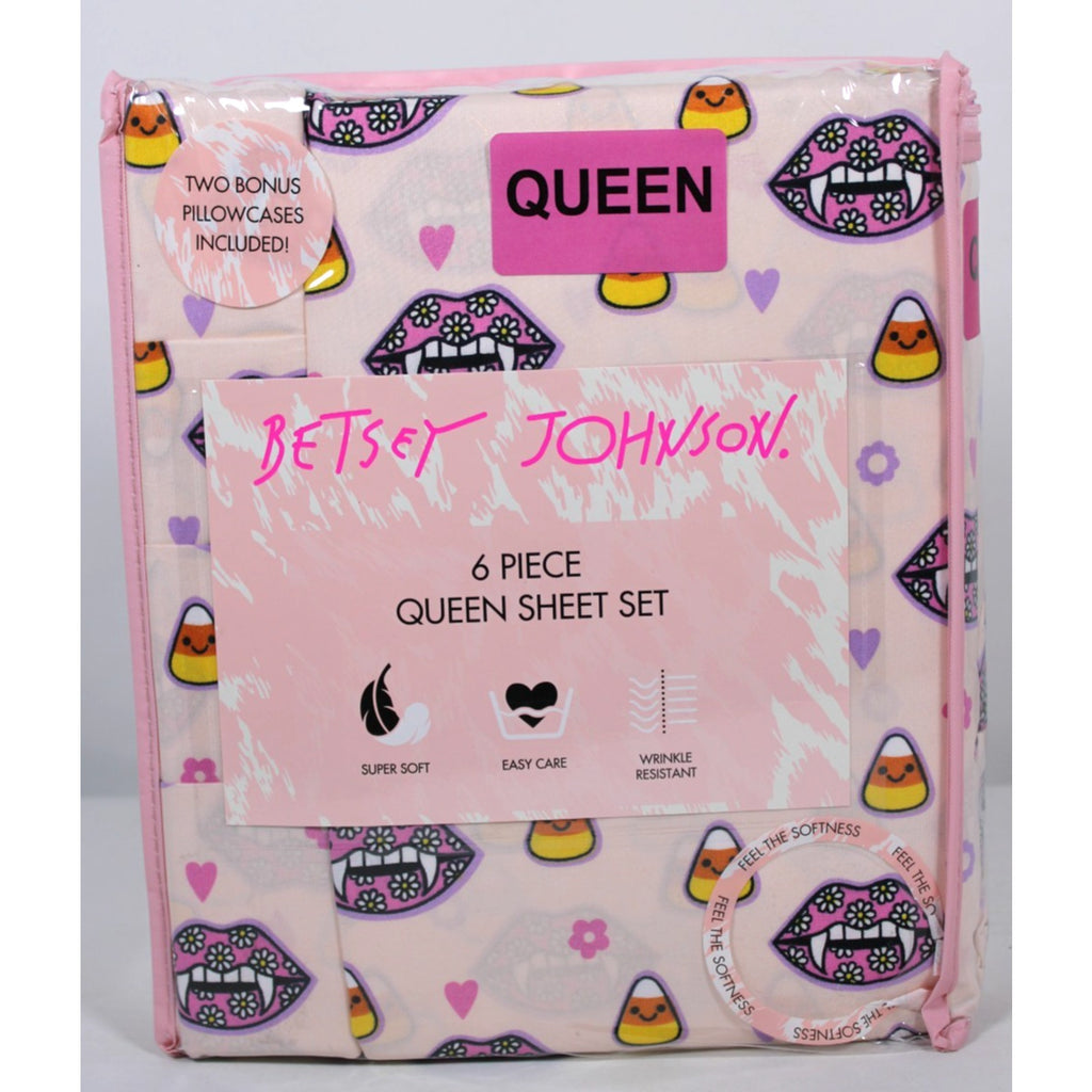 Betsey Johnson 6 Piece Pink - Candy Corn Hearts Fangs QUEEN Sheet Set Halloween