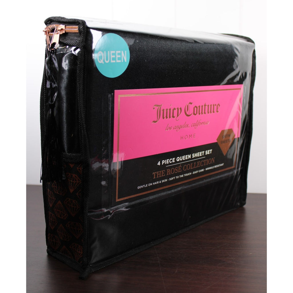 Juicy Couture Black Satin 4pc QUEEN Sheet Set Easy Care Soft Sleek Smooth