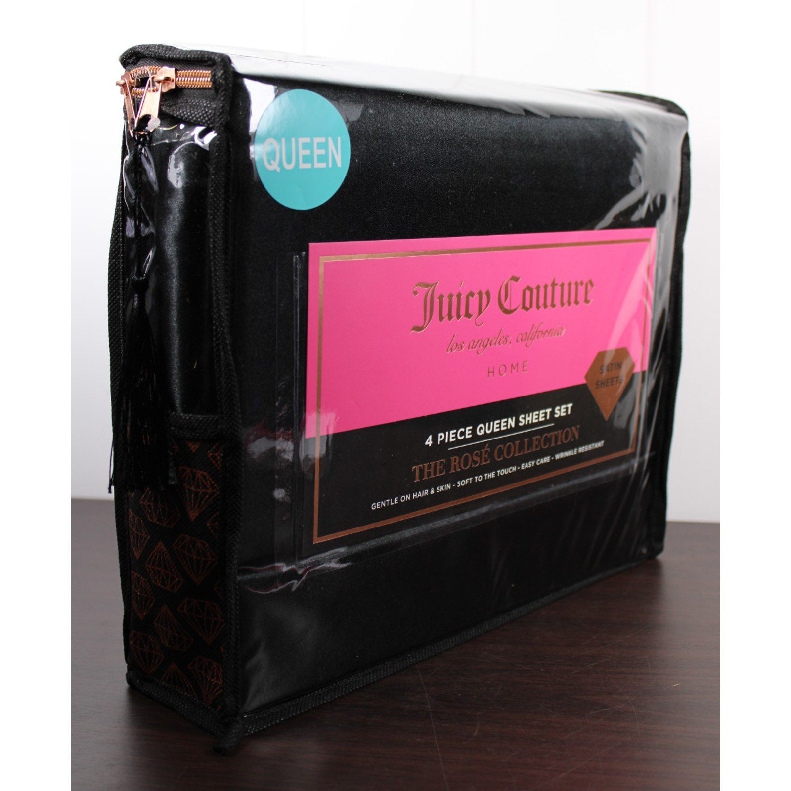 Juicy Couture Black Satin 4pc QUEEN Sheet Set Easy Care Soft Sleek Smooth