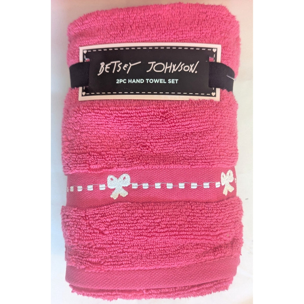 2pc Betsey Johnson Hand Towels 16x26 Hot Pink White Coquette Bow 100% Cotton New