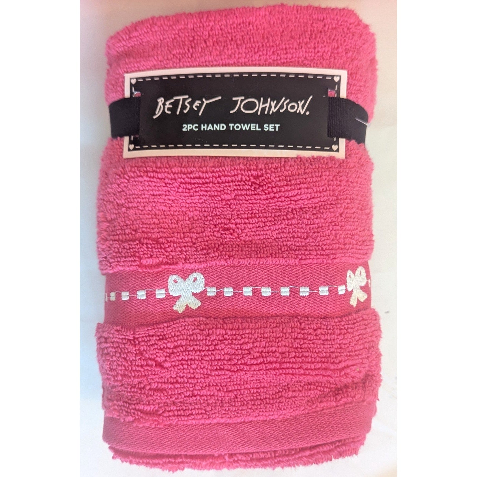 2pc Betsey Johnson Hand Towels 16x26 Hot Pink White Coquette Bow 100% Cotton New